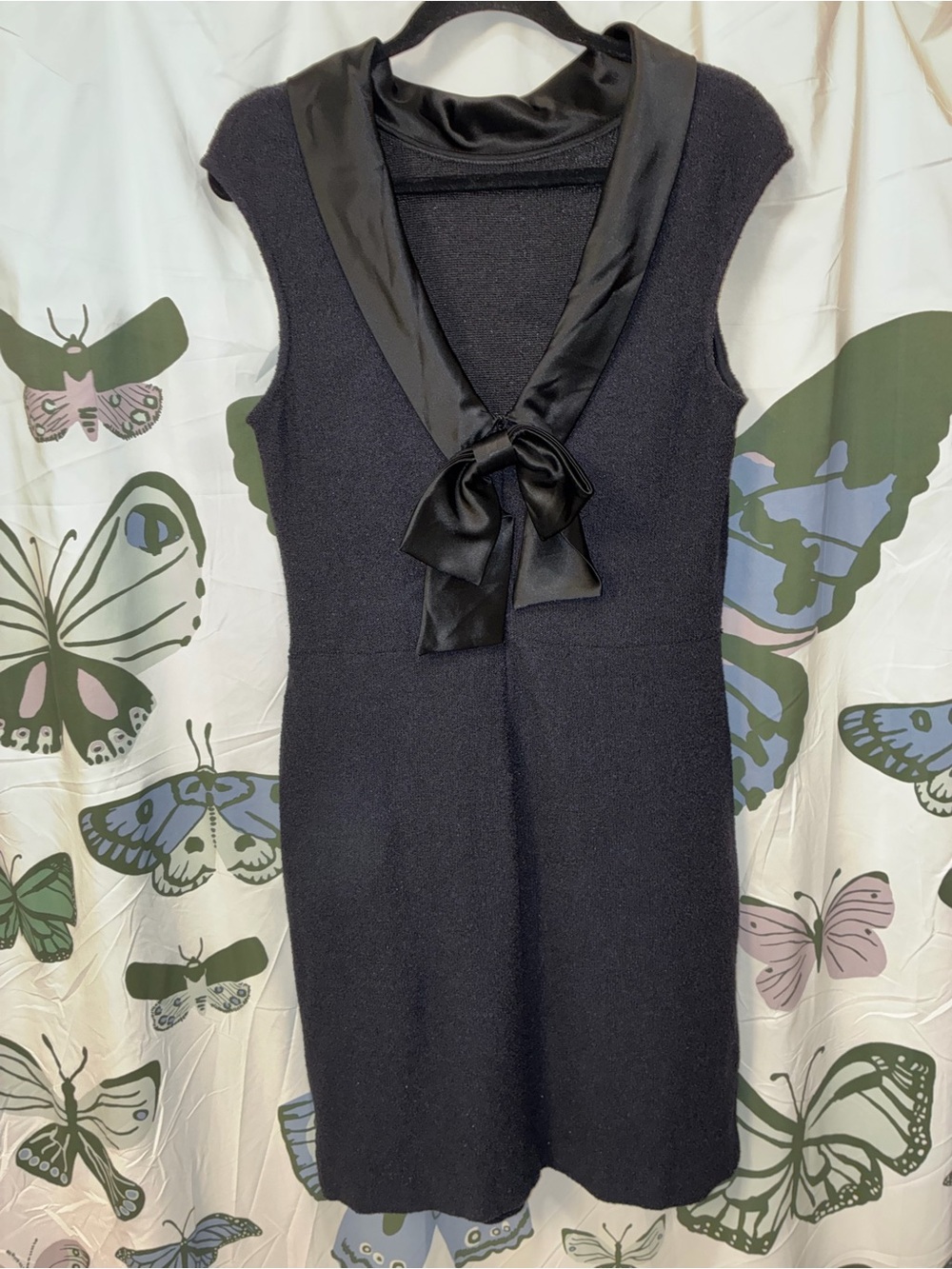 St. John Sleeveless Black Knit Dress with satin Collar